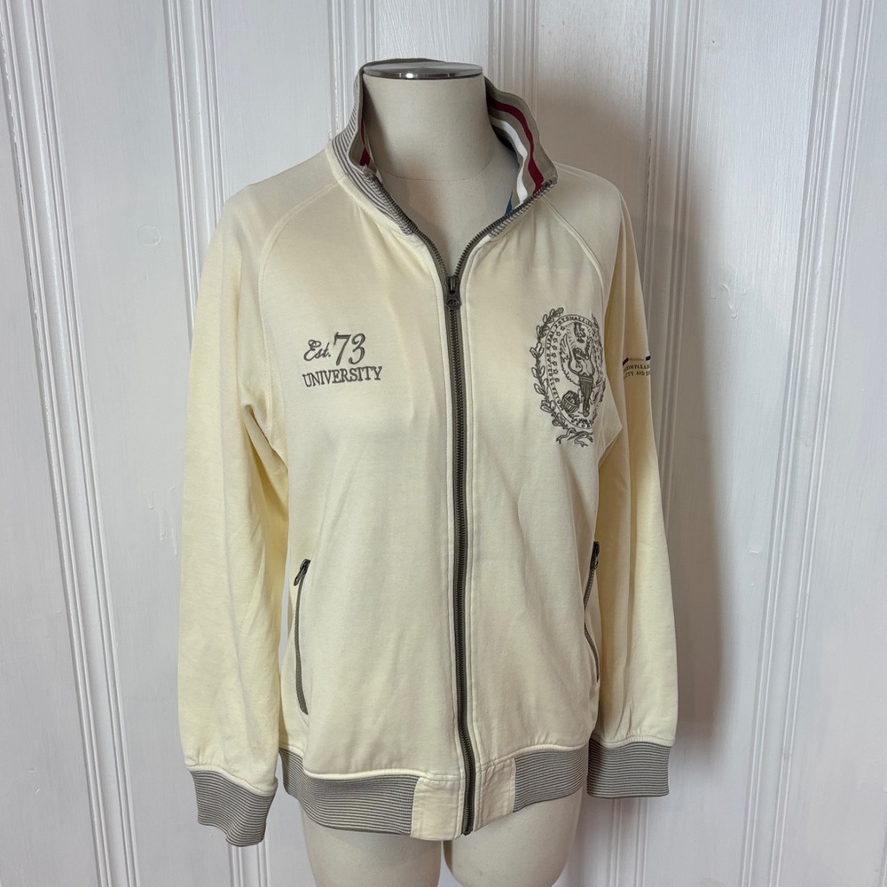 IKKA Cream Varsity Zip Jacket | Embroidered | Preppy Stripes | L